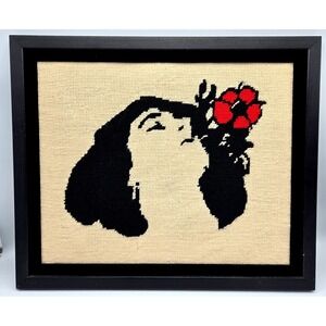 Large Modern Abstract Needlepoint Art Woman with Red Flower Portrait Blk/Wht/Red